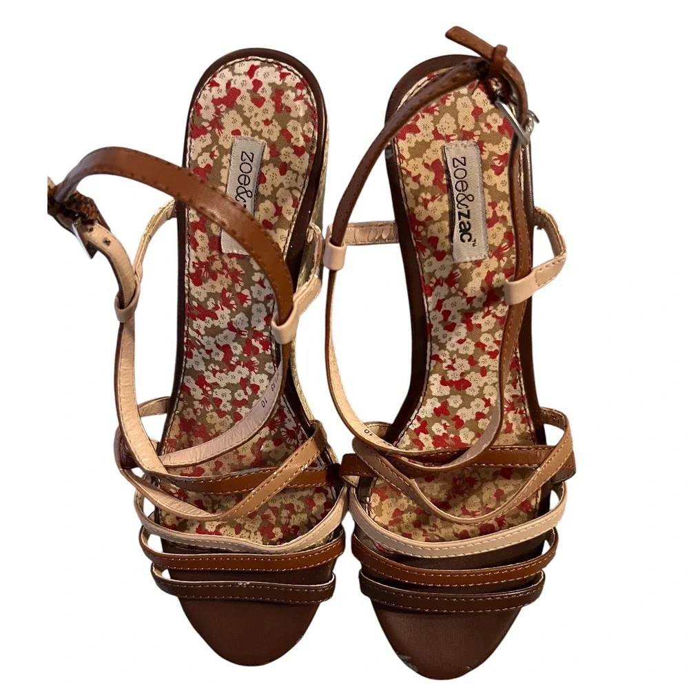 Zoe & Zac Women's Espadrille Wedge Sandals Brown Multi Strap Ankle Size 8
